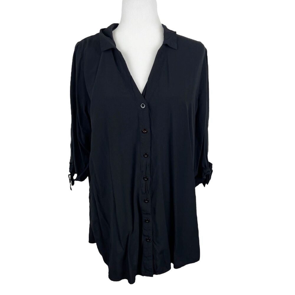 Cupshe Button Up Shirt Women Large Black Short Sleeve Swim Beach Coverup Top